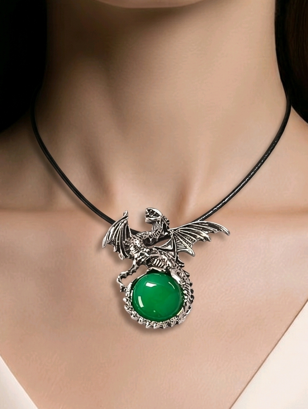 Green Onyx Dragon Orb Pendant Necklace Silver Fantasy Gothic Statement Jewelry